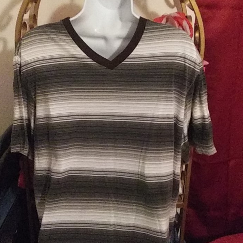 OP men's v neck t shirt grey striped size XL
